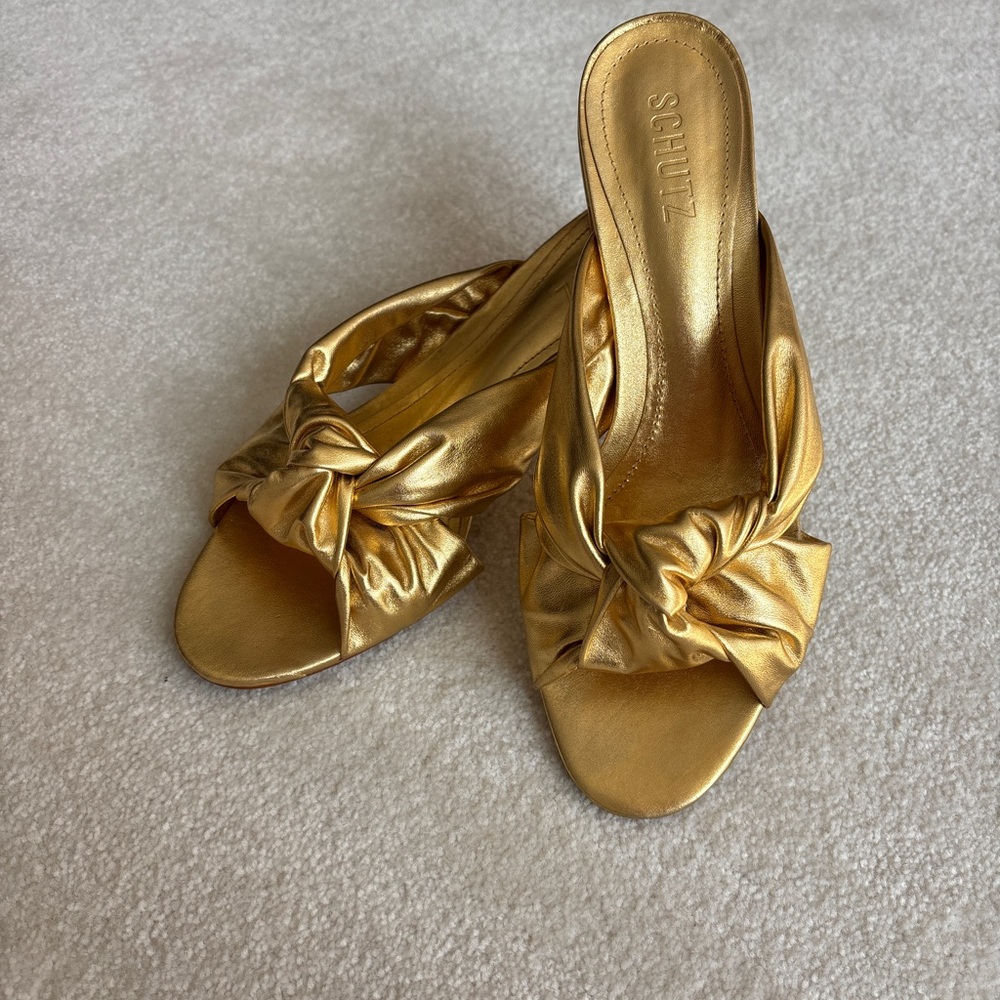 SCHUTZ Gold Satin Mules